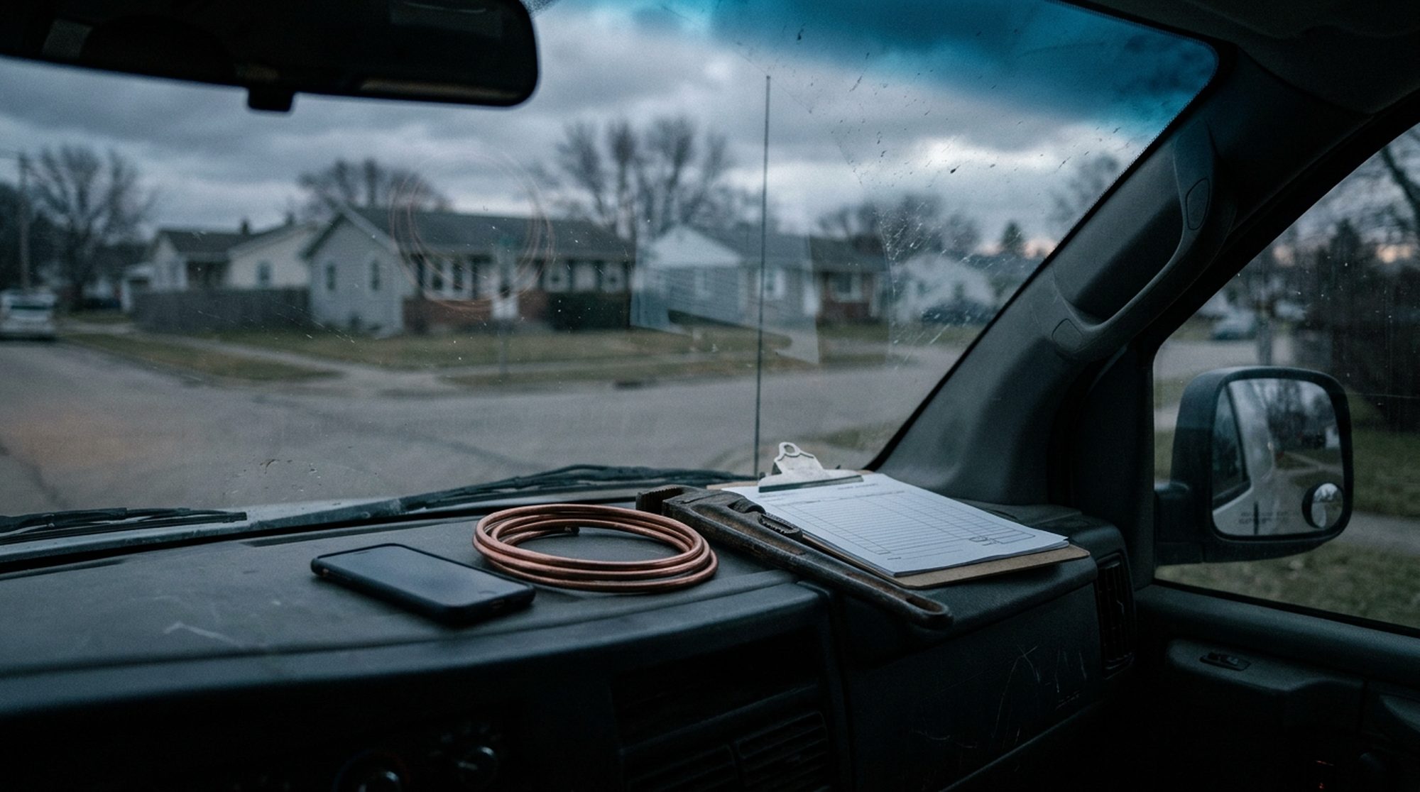 A phone lying dark on the dashboard of a service van at dusk