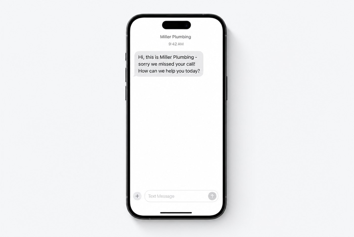 A phone showing the automatic text a customer receives after a missed call
