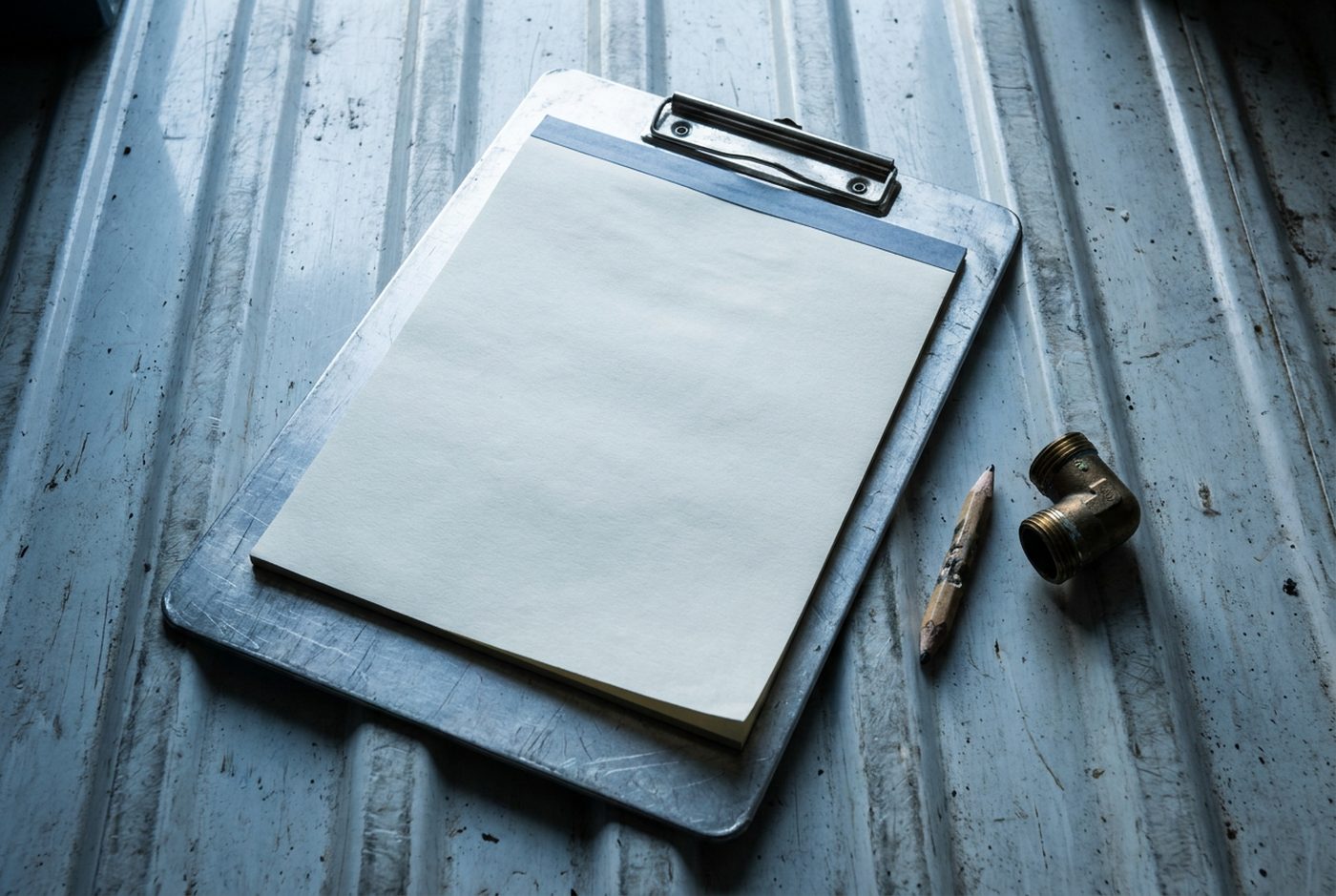 A clipboard and a blank work order pad on the floor of a service van